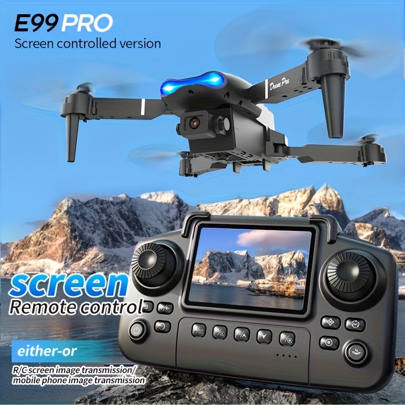 Drone Ae Rc - E99 PRO MAX：デュアルHDカメラ、画面付きリモコン、2つのバッテリー、合計40分の飛行時間、ワンキーで帰還、LEDライト、予備プロペラ、プロペラガード、修理用ツールキットを搭載した折りたたみ式ドローン。大人向けのブラックフライデーやクリスマスギフトに最適。